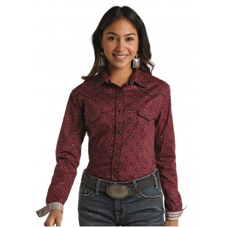 Chemise Western - Bordeaux Motif Noir Azteque Femme - Panhandle