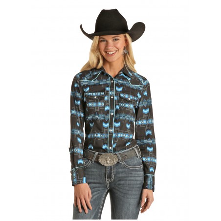 Western Shirt - Black Turquoise Aztec Print Women - Rock&Roll Cowgirl