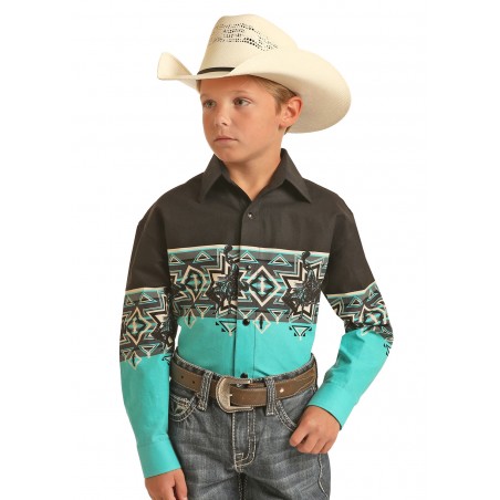Western Shirt - Black Turquoise Aztec Rodeo Border Kids - Panhandle