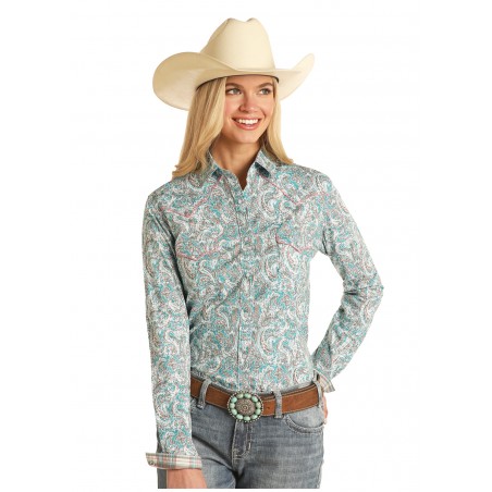 Western Shirt - Turquoise Brown Paisley Women - Panhandle