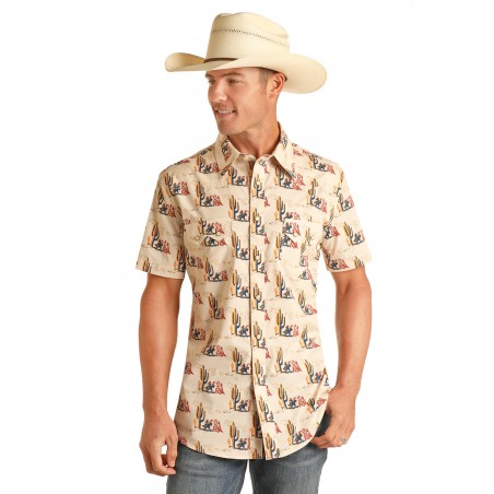 Western Short Sleeve Shirt - Beige Western Print Men - Rock&Roll Cowboy
