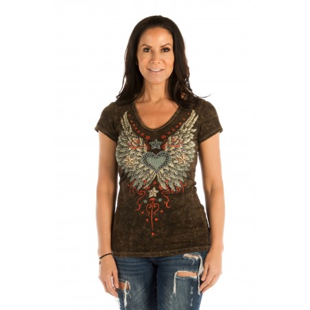 T-shirt - Brun Vintage Wings Stars Femme - Liberty Wear