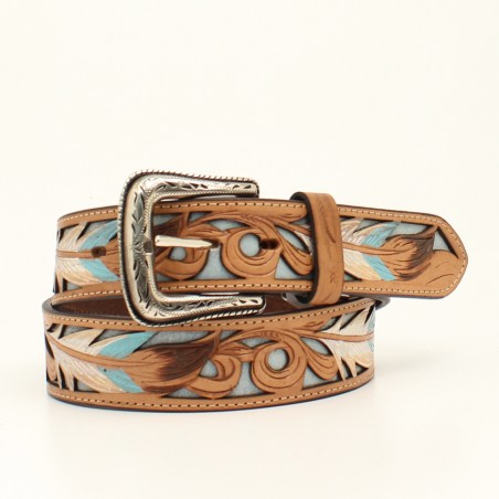 Ceinture - Brun Cuir Vachette Plumes Blanc Turquoise Unisexe - Nocona Belt