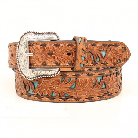 Ceinture Large - Brun Cuir Vachette Motif Floral Turquoise Unisexe - Nocona Belt
