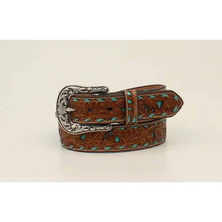 Ceinture - Brun Cuir Motif Floral Turquoise Unisexe - Nocona Belt