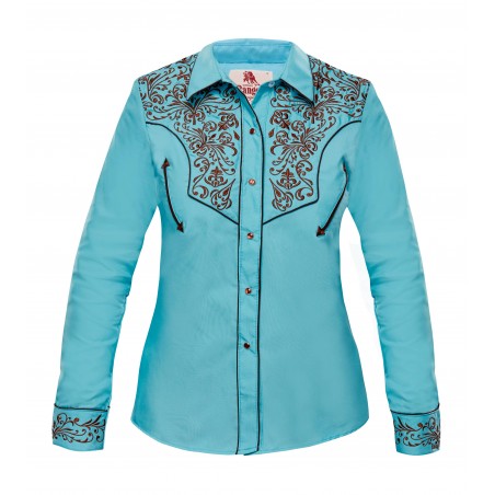 Chemise Western - Turquoise Broderie Florale Brune Femme - Ranger's