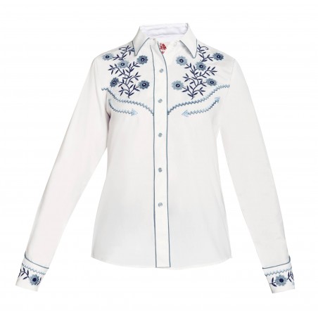 Vintage Western Shirt - White Blue Floral Embroidery Rhinestone Women - Ranger's