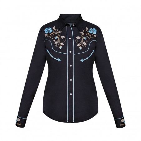 Chemise Western - Noir Broderie Florale Strass Femme - Ranger's