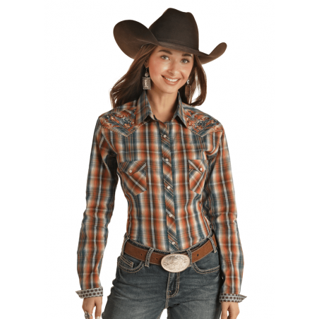 Chemise Western - Carreaux Orange Bleu Broderie Florale Femme - Panhandle