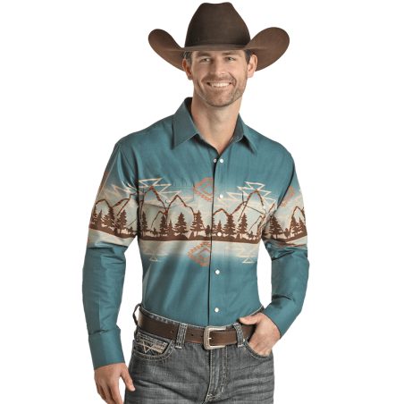 Western Shirt - Blue Beige Western Border Men - Panhandle
