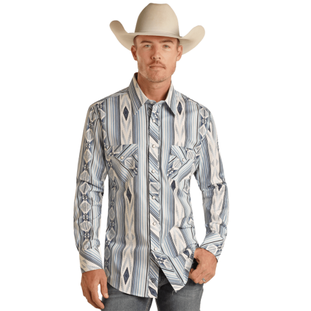 Chemise Western - Bleu Blanc Motif Azteque Homme - Rock&Roll Cowboy