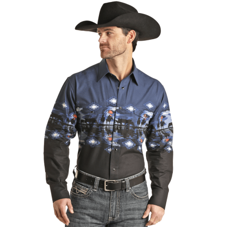 Chemise Western - Bleu Noir Motif Western Homme - Panhandle