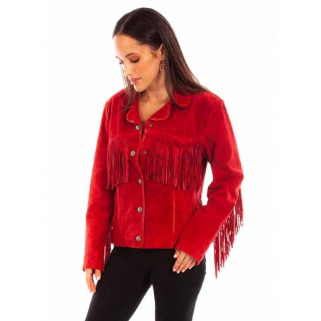 Veste en Cuir - Daim Rouge Franges Femme - Scully