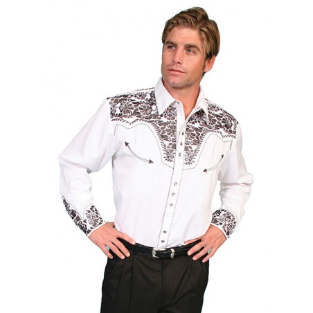 Chemise Western - Blanche Broderie Grise Homme - Scully