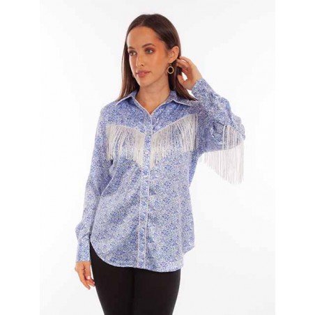 Western Shirt - Satin Floral Pattern Fringe Women - Scully