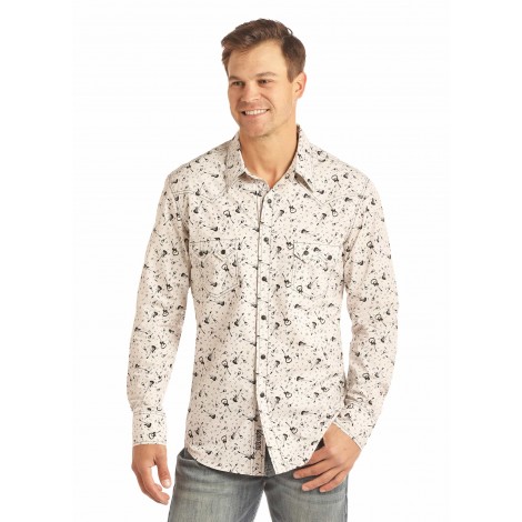 Chemise Western Blanc Motif Guitare Homme Rock Roll Cowboy