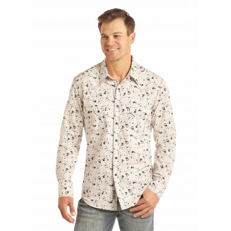 Western Shirt - White Crinkle Washed Guitar Print Men - Rock&Roll Cowboy