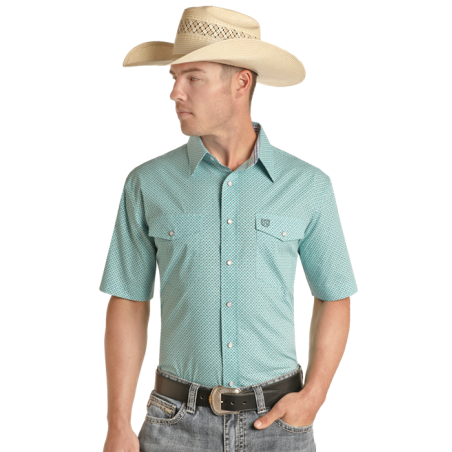 Chemise Western Manches Courtes - Turquoise Petit Motif Homme - Panhandle