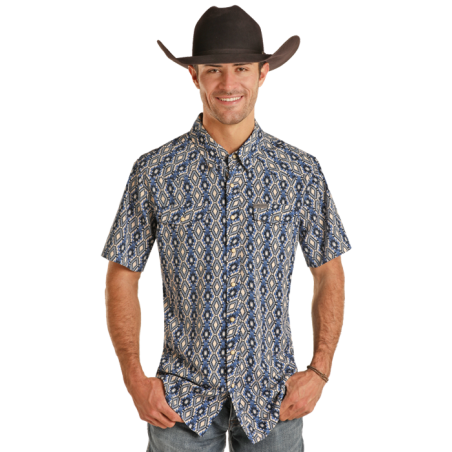Chemise Western Manches Courtes - Bleu Motif Azteque Homme - Panhandle Performance