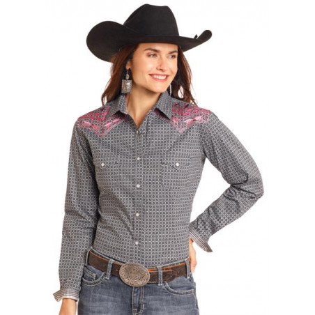 Chemise Western - Imprimée Noire Blanche Broderie Femme - Panhandle