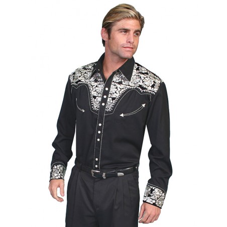 Chemise Western - Noire Broderie Argentée Homme - Scully