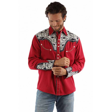 Chemise Western - Rouge Bleue Blanche Broderie Florale Homme - Scully