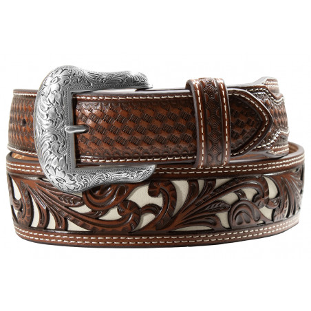 Wide Belt - Brown Cowhide Beige Floral Pattern Unisex - Nocona Belt