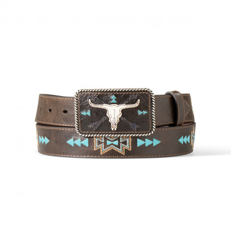 Western Belt - Steer Skull Turquoise Stitching Unisex - Ariat Belt