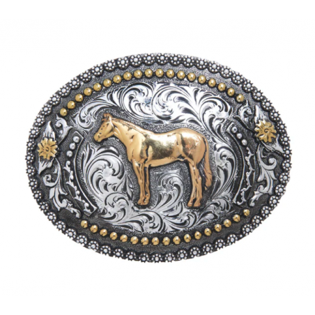 Boucle de ceinture western ovale - cheval doré & gravures traditionnelles - AndWest