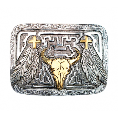 Western Rectangle Belt Buckle - Gold Skull, Crosses & Feathers - AndWest